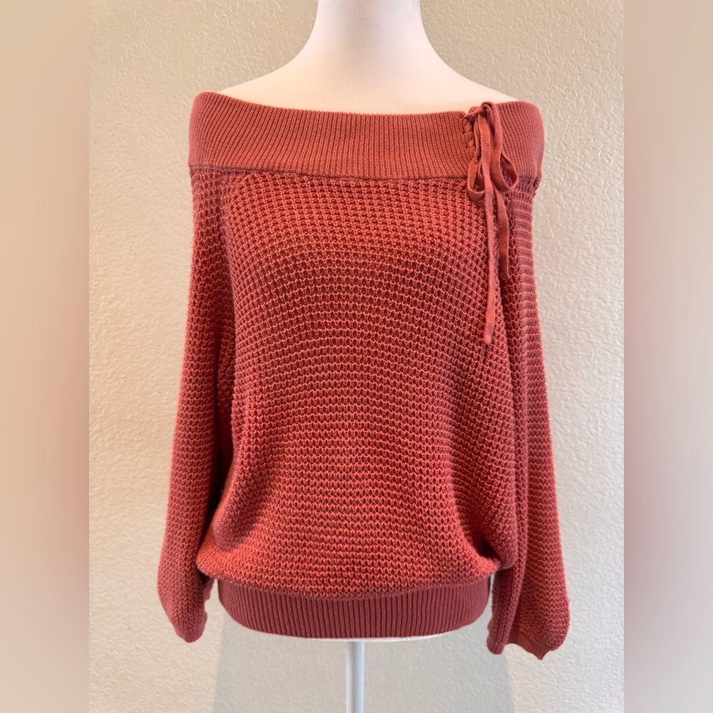 Express Off Shoulder Cotton Knit Sweater Burnt Orange Balloon Sleeve -  Size S